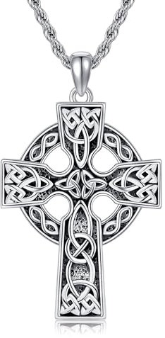 DAYLINLOVE Celtic Cross Necklace for Men 925 Sterling Silver Viking Crucifix Pendant Necklace Vintage Celtic Knot Jewelry for Men Woman Religious Gift