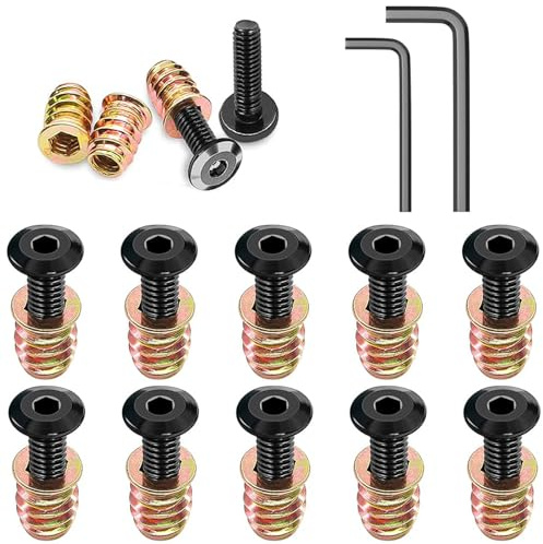 10 Set Gewindeeinsatz Holz, Schwarze Schrauben, Flachkopfschrauben und Einschraubmutter, M6x20 & M6x20mm, Einschraubgewinde Muttern für Holzmöbel, mit Innensechskantschlussel