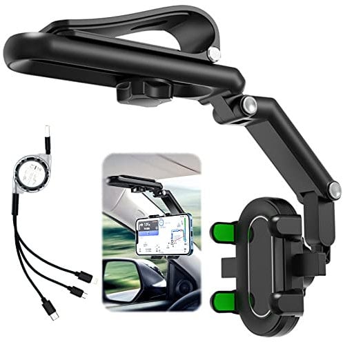 DOUBFIVSY Handyhalterung Auto Rückspiegel mit 3 IN 1 USB Kabel, Universal 360 ° Drehbarer und Einziehbarer Handyhalter Multifunktionale Handyhalterung Rückspiegel für alle Smartphone