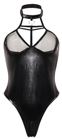 Satohom Damen Sexy Leder Body Dessous Babydoll One Piece Neckholder Lingerie Leder Unterwäsche Teddy Bodysuit Tiefer V-Ausschnitt Reizwäsche Jumpsuit Dessous Frauen Negligee Wetlook Bodysuit Minikleid