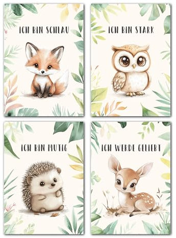 LAVEMA Affirmationen Waldtiere Bilder Kinderzimmer | Poster A4 (21x30cm) ohne Bilderrahmen | Babyzimmer Deko | Wandbilder Junge Mädchen | Kinderzimmer Wanddeko Tierbilder