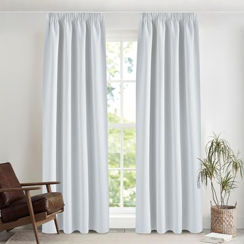 PONY DANCE Thermovorhang Kälteschutz Winter Kräuselband Gardinen 2er Set H 245 x B 140 cm Grau-weiß, Wohnzimmer Vorhänge mit Haken für Schienensystem 60-75% Verdunkelungsvorhang
