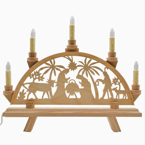 Erzwelt - Lichterbogen DBR30 – Schwibbogen aus Holz – Leuchtbogen mit 5 Kerzen – Original Erzgebirge Fensterbogen – handgemachte Weihnachtsdeko – Motiv Maria & Josef – 37 x 31 x 5 cm