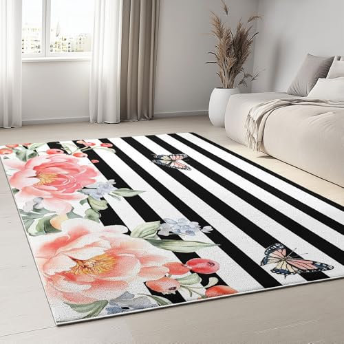 Teppich Wohnzimmer Schwarz Und Weiß 140x200 cm, Waschbarer Teppich Schwarz-weiß gestreifte Pfingstrose Rutschfeste Kurzflor Küchenteppich, für Salon Kinderzimmer Läufer Flur Arbeitszimmer Büro