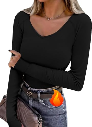 Wayleb Ladies Long Sleeve T Shirt V Neck Fitted Plain Base Layer Ladies Basic Light Shirts Casual Comfy Yoga Sports Top Black 3XL