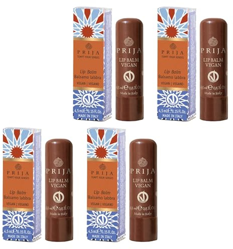 Prija Vegan Lip Balm with Jojoba Oil Shea Butter and Sunflower 4x 4.5ml | Pampers Your Lips Naturally with Jojoba Oil, Shea Butter and Sunflower Wax. Softens and Protects Dry Lips.
