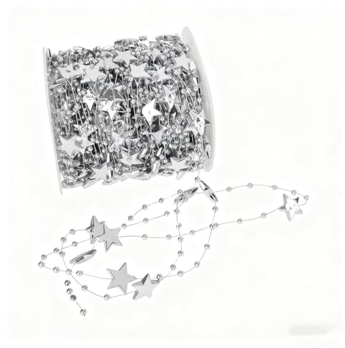 Perlenkette Weihnachtsbaum Deko 10M Perlengirlande Weihnachten Silver Stern Perlenband Weihnachtsbaum Kette Christbaumschmuck Perlenband Christbaumkette für Christmas Decorations DIY Handwerk Hochzeit
