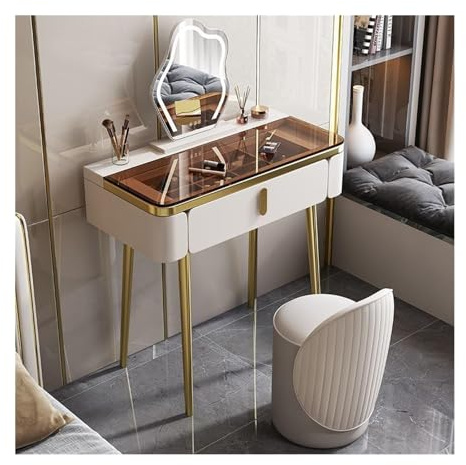 Glam Makeup Schminktisch mit Glasplatte, Spiegel und Hocker, moderner Schminktisch mit Metallbeinen für Schlafzimmer und kleine Räume (kompaktes Design)