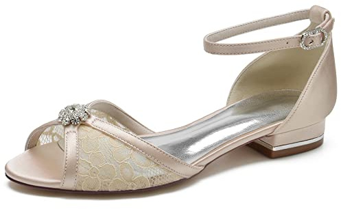 Yhsdfcn Floral Lace & Satin Flat Shoes for Women, Peep Toe Bridal Flats with Ankle Strap and Crystal Brooch, Comfortable Wedding Guest Pumps with Rhinestone Buckle