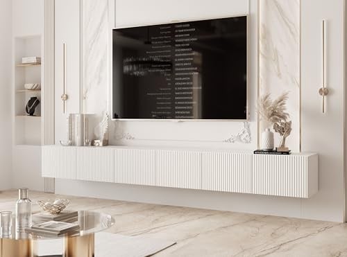 IDOHOME TV Lowboard hängend mit LED und 6 Fächern 300 cm Weiß Matt | 300 x 40 x 36 cm, Laminierte Platte, Mehr Stauraum, Push to Open, TV Zubehör, LED Beleuchtung