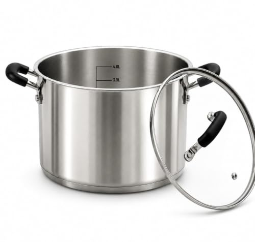 5.2L Stainless Steel Stock Pot with Glass Lid Induction Base Casserole Pan | 24cm Cooking Pan Stockpot saucepan Induction Electric Gas Ceramic All Hobs Pot For Soup for Pasta, Stew & Simmering