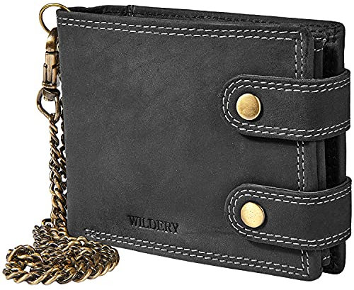 Wildery® Geldbeutel mit Kette I Biker Geldbörse mit Kette Herren I Geldtasche mit RFID Schutz I Portemonnaie mit Sicherheitskette im Querformat /#Vintage Chain WI109 (Schwarz)