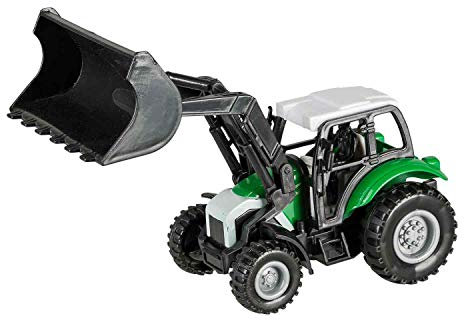 Idena 40292 - Traktor aus Kunststoff mit Rückziehmotor, Anhängerkupplung und abnehmbarem Frontlader, ca. 14 x 9,3 x 7 cm