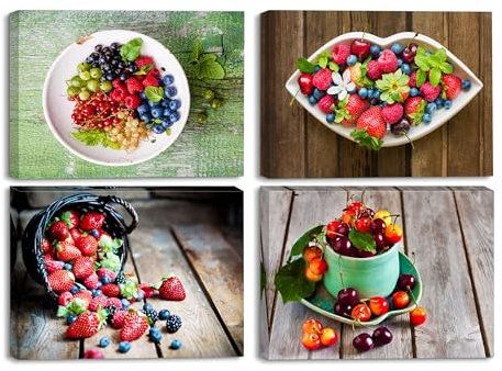 Piy Painting Frisches Obst Kirsche und Erdbeere Kunstdruck auf Leinwand Farbige Bild Fotoleinwand und Kunstdrucke auf Wanddeko für Wohnzimmer Gaststätte Küche Geburtstagsgeschenk 30x40cm 4Set
