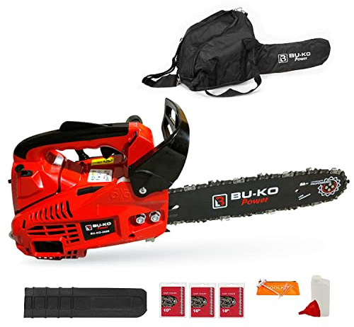 BU-KO 26 cc Ligero 3.5kg - Motosierra de gasolina con manija superior | Incluye 3 cadenas y barra de 10| Bolsa protectora y equipo de seguridad completo