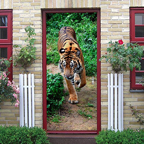ANHHWW Türtapete Selbstklebend Türposter 3D Grüner Gras Tier Tiger Bewirken Fototapete Türfolie Poster Tapete Abnehmbar Wandtapete Für Wohnzimmer Küche Schlafzimmer 95X215Cm