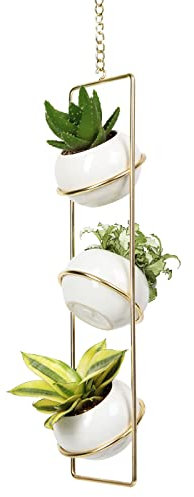 J JACKCUBE DESIGN White Ceramic Plant Pot with Gold Metal Wall Hanger, Mini Verical Hanging Planter Set of 3 Containers, for Indoor Plants Small Succulent Cactus Herb Faux Flowers and More - MK631A