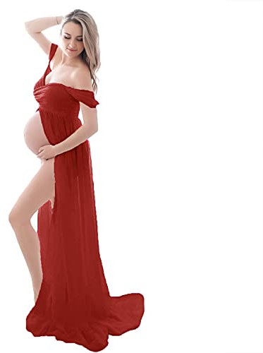 Daysskk Robe de Grossesse Rouge pour Shooting Photo - Robe de Maternité pour Femme Enceinte - Idéale pour Plage, Mariage, Cérémonie