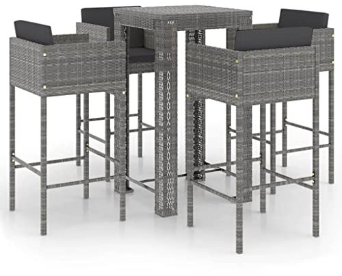 vidaXL Gartenbar Set 5-TLG. mit Kissen Theke Bar Tresen Gartentheke Bartisch Stehtisch Barhocker Barstuhl Gartenmöbel Poly Rattan Grau
