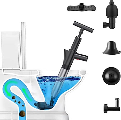 SRHIMEOS Toilettenkolben, Edelstahl Toilette Pömpel mit 4 Austauschbaren Köpfen Und Visuellem Barometer, für Badezimmer Badewanne/Bodenablauf/verstopftes Rohr (schwarz)