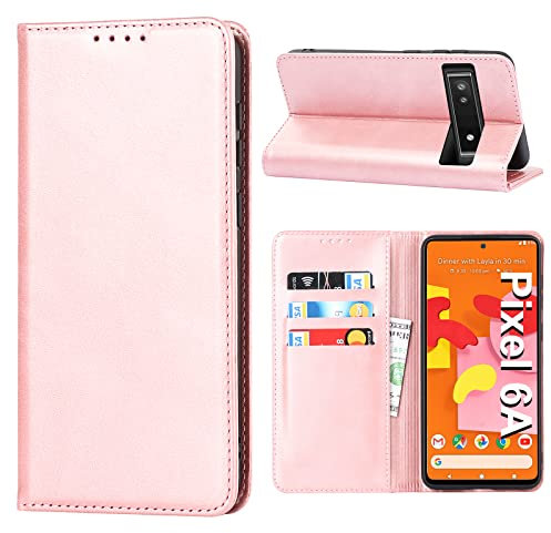 Handyhülle für Google Pixel 6A Hülle, Schutzhülle Pixel 6A 5G Leder Wallet Kartenfach Standfunktion Stoßfest Klapphülle Hüllen Pixel 6A 5G 6.1 Flip Case Cover (rosa)
