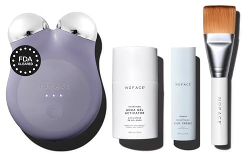 NuFACE MINI+ Microcurrent Facial Device Kit - FDA Cleared Face Sculpting & Skin Firming Device to Contour & Tone + Microcurrent Gel Activator, Silk Creme & Applicator Brush - Violet Dusk