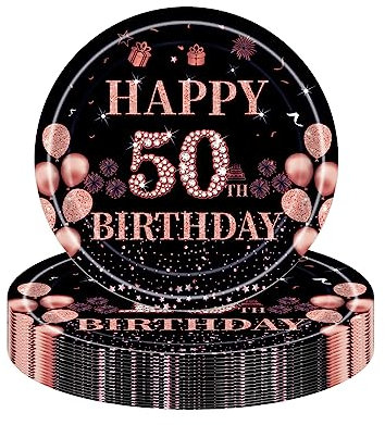 16Pcs Black Rose Gold 50th Birthday Paper Plates 7,Birthday Tableware Party Plate Disposable,Happy 50th Birthday Table Decorations Plates Birthday Gifts for Women,Ladies,Her 50th Birthday Décor