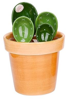 Cute Cactus Measuring Spoons Set in Pot Organizer,5 Pieces Ceramic Measuring Cups Set for Kitchen Dry Wet Ingredients, Liquid Food,Salt and Sugar,Kawaii Cactus Figurine Spoon with Base Cup (Green)