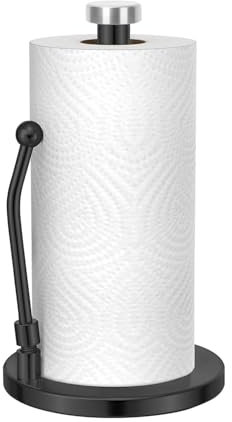 E-ROOM TREND Kitchen Roll Holder/Paper Towel Holder with Spring Arm | Stainless Steel Organizer Dispenser Free Standing with Weighted Base | for Kitchen Barthroom Countertop (ZJ274B) | Matt Black
