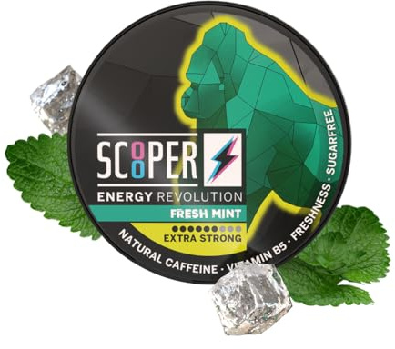 SCOOPER Energy 1x Fresh Mint Xtra Strong | 80 MG Koffein pro Pouch | 12 Pouches pro Dose | Zuckerfrei & Vegan | Energy Drink Alternative | Energy Booster Pouches