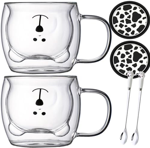 Arawat Verres à Double Paroi Ours Mug Verres à Thé Sucrés 2 Set Mug à Café Avec Anse Verres à Café 250ml Mug à Thé Avec Cuillère Dessous De Verre Cute Verres à Cappuccino Anniversaire Noël Mug