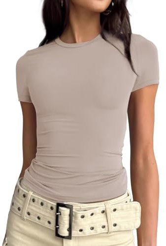 Dressmine Womens Sexy Round Neck Top Tee Shirt Fitted Short Sleeve T Shirt Casual Y2K Crop Tops Clothes 2024 Taupe Medium