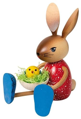 Kuhnert Drechslerei Osterdekoration/Osterhase, Hasenmädchen mit Küken, aus Holz, Größe: sitzend ca. 13 cm, EIN Original aus dem Erzgebirge, Made in Germany