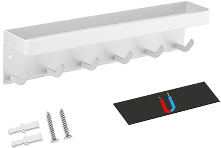 Magnetic Key Hooks with Mail Organizer Wall Mount Key Holder with 6 Hooks Key Rack with Tray Sunglasses Holder for Entryway Refrigerator Hallway and Office (White)