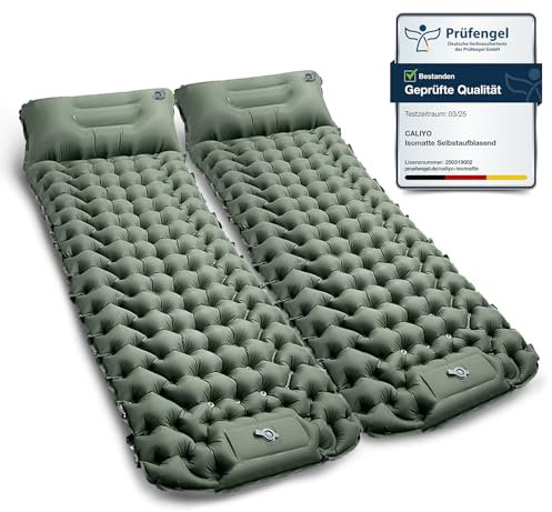 CALIYO Isomatte Selbstaufblasend Camping 2Pcs – Verdickte Luftmatratze mit FußpressPumpe, Ultraleicht & Wasserdicht | Integriertes Kopfkissen, Kleines Packmaß für Outdoor, Wandern, Zelte & Reisen