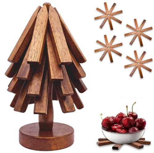 Untersetzer Holz Set für Baumkunst, Weihnachtsbaum Topfuntersetzer Holz Set mit 4 Untersetzer Topf & 1 Ständer, Faltbare Untersetzer Topf für Küchenpfannen,Töpfe und Besteck (Dunkel, Quadratisch)