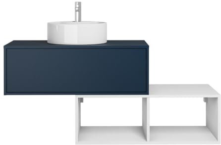 Vente-unique-Mueble de baño Flotante con Lavabo Redondo - 1 cajón Azul y 2 estantes Blancos - 94 cm - TEANA II
