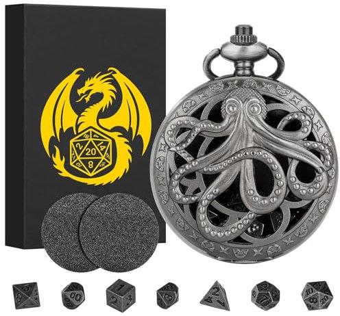 Mini DND Würfel Set Steampunk Hohl Oktopus Taschenuhr Schale, 7-teilige Polyedrische Metall D&D Würfelset, DND Geschenke mit Geschenkbox, Rollenspiele-Brettspielzubehör Würfel, Dunkel Silber