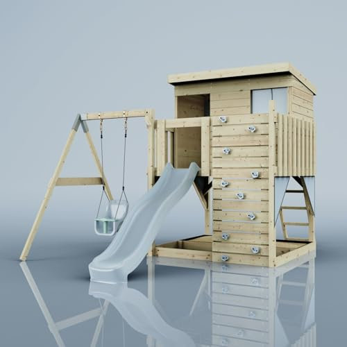 PolarPlay Tjorven Wooden Play Tower in Blue | 8ft Slide | Swing arm | Galvanised swing hangers|