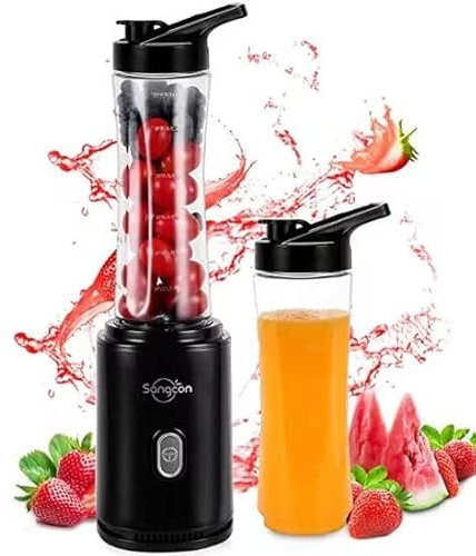 Sangcon Mixer Smoothie Maker, Elektrisch Tragbar Sport Standmixer für Shakes und Smoothie, mit 2 BPA-Frei 600ML Tritan To Go-Flasche + 2 Trinkverschluss, 4-Klingen Messer, Pulse-Taste, Schwarz