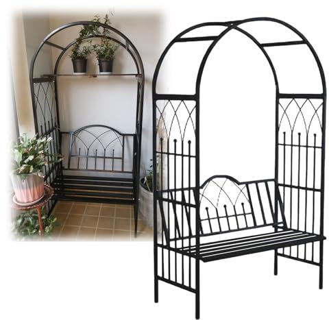 Black Metal Garden Arch with Bench,Garden arbor 210cm High x 114cm Wide,Patio Trellis Pergola Outdoor Decoration Arch for Climbing Plants