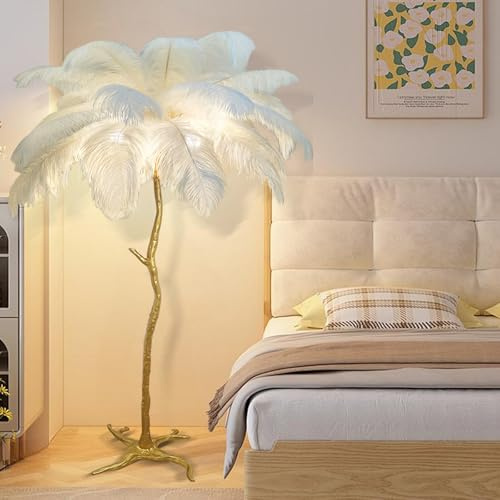 LDIEUWUET Feder Stehlampe Wohnzimmer, 170 cm natürliche Straußenfeder Stehlampen, Moderne Federlampe Stehlampe mit Fußschalter, Standleuchte für Wohnzimmer, Schlafzimmer, Dekoration (White)