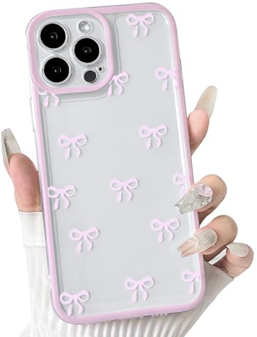 NITITOP Cover per iPhone 15 Pro Trasparente Fiocco Nastro, Rosa | per Ragazze Femminile, Bordo Carina Colorato, Morbida Sottile TPU Antiurto, Protezione Completa Fotocamera