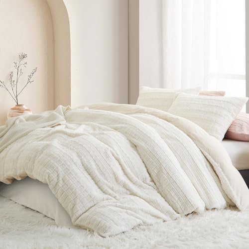Sedefen Plüsch Bettwäsche 155x220cm Weiß Winter Warme Kunstfell Flanell Winterbettwäsche Flauschig Biber Geometrisch Bettbezug und 1 Kissenbezug 80x80cm mit Reißverschluss