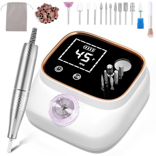 Nail Drill 45,000RPM, 13 in 1 Electric Nail File for Acrylic and Gel Nails, Rechargeable Nail Drill Machine, Manicure Pedicure Kit with 12 Bits, LCD Display, Touch Button, Clean Brush