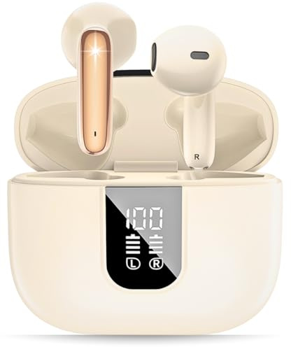 RUDTech Wireless Earbuds, Bluetooth 5.4 In-Ear Headphones with 4 ENC Noise cancelling,HiFi Stereo Deep Bass, 42H Playtime, IPX4 Waterproof, LED Display Bluetooth Earphones (Beige)