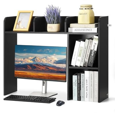 VEVOR Desktop Bookshelf, 2-Tier Desktop Storage Organizer, 37.2 x 9.5 x 28.9 Office Storage Rack Wood Display Shelf, Desktop Bookshelf Hutch with Anti-Slip Feet Pads, for Office, Home & Dorm, Black