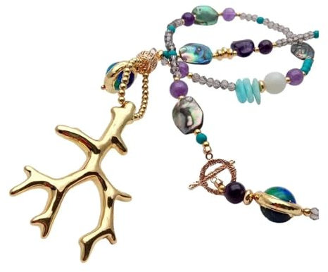 AUOQKQUT 8mm Purple Amethyst 14mm Murano Glass Abalone Shell Necklace 38x60mm Resin Pendant