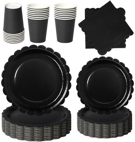 PYAILI Stoviglie per Feste 96 Pezzi Nero Festa della Addobbi Ragazza di Compleanno dei Dambini Articoli per Feste Set Include Piatto Carta Party Tazze Tovaglioli -24 Ospiti
