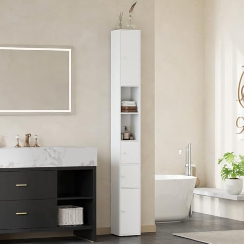 Homullel Tall Bathroom Cabinet, Freestanding Narrow Cupboard with 4 Doors & Open Compartments, Slim Tallboy Floor Storage Cabinet for Living Room Kitchen, 20x20x180cm, White